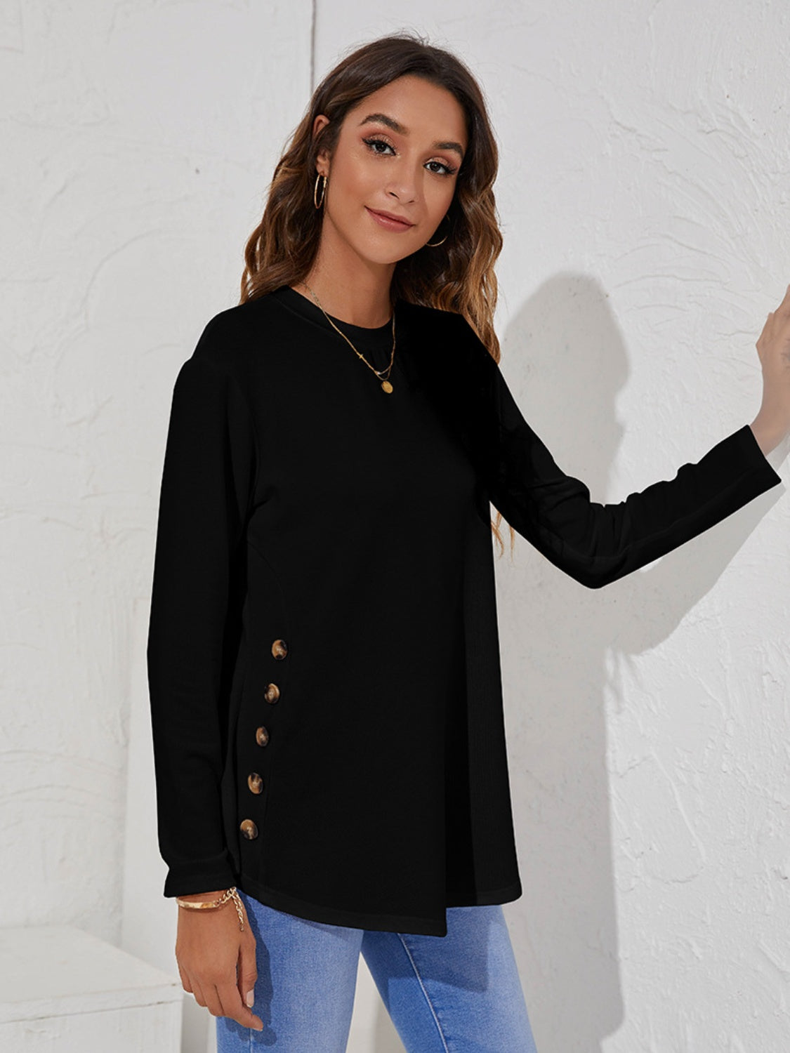 Decorative Button Round Neck Long Sleeve T-Shirt