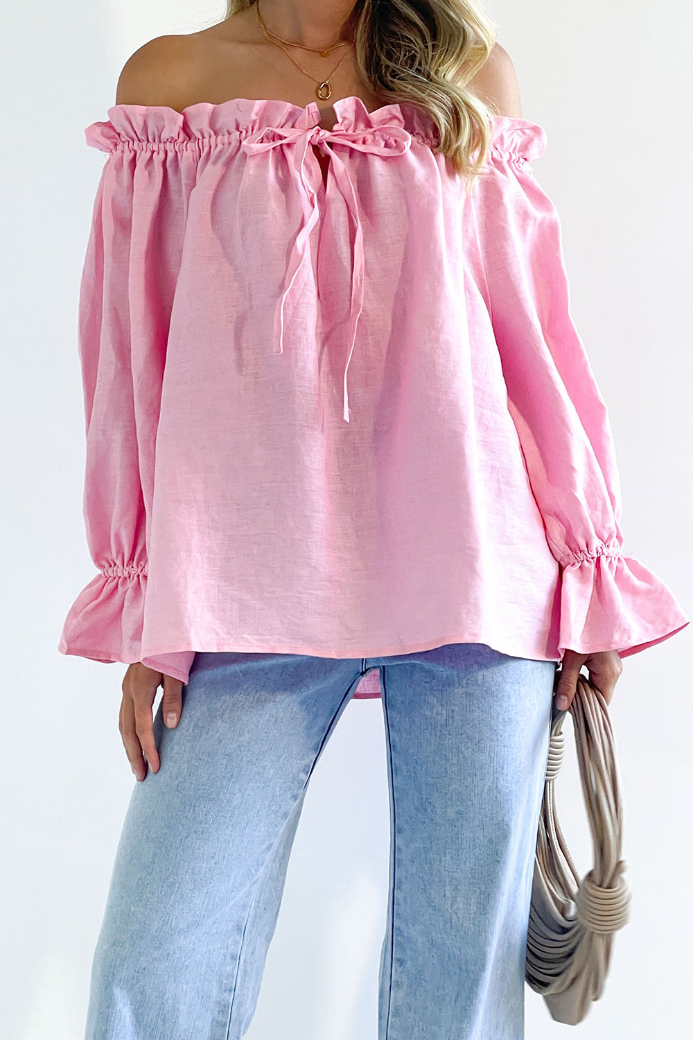 Drawstring Off-Shoulder Flounce Sleeve Blouse