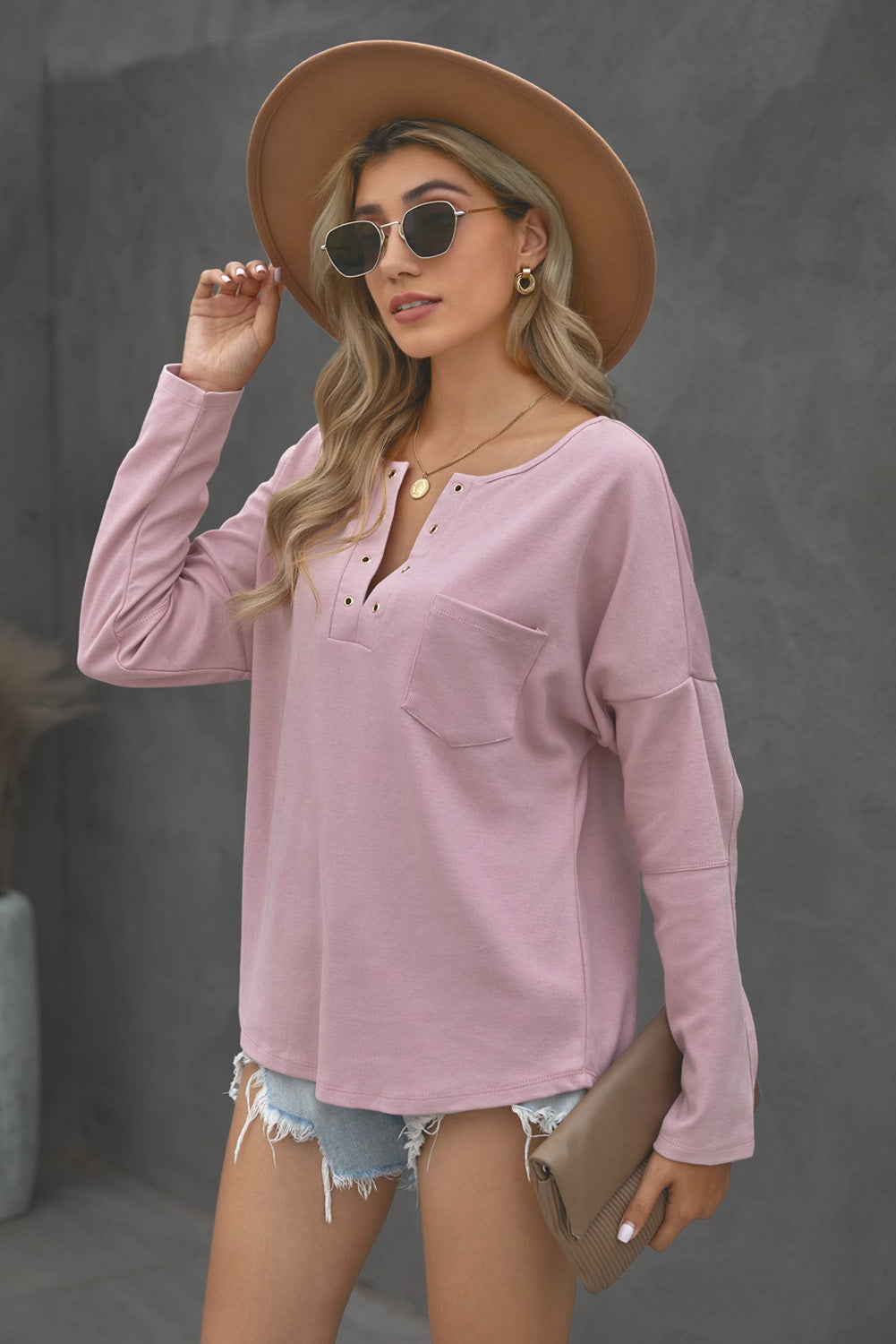 Grommet Long Sleeve V-Neck Top