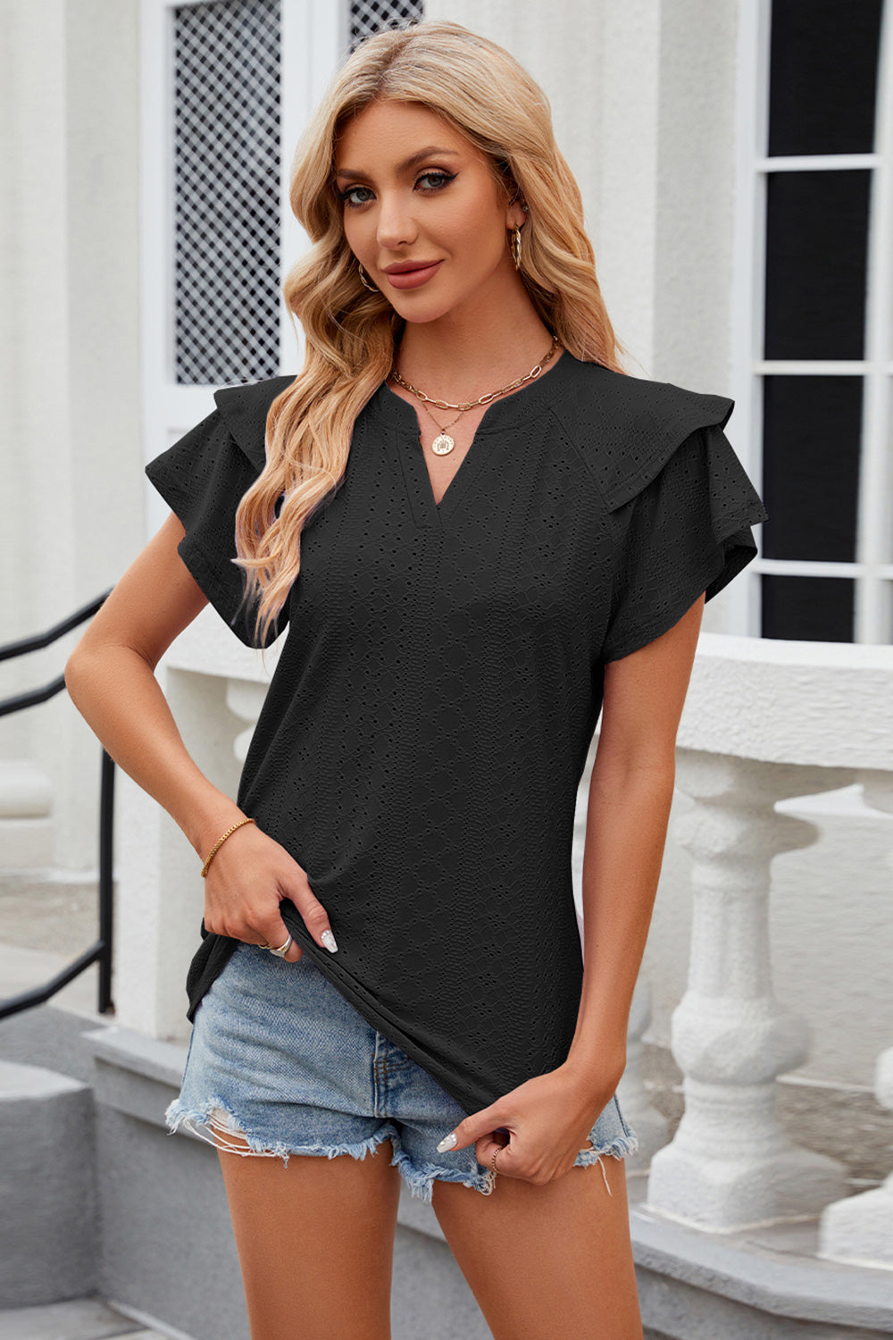 Eyelet Notched Short Sleeve T-Shirt