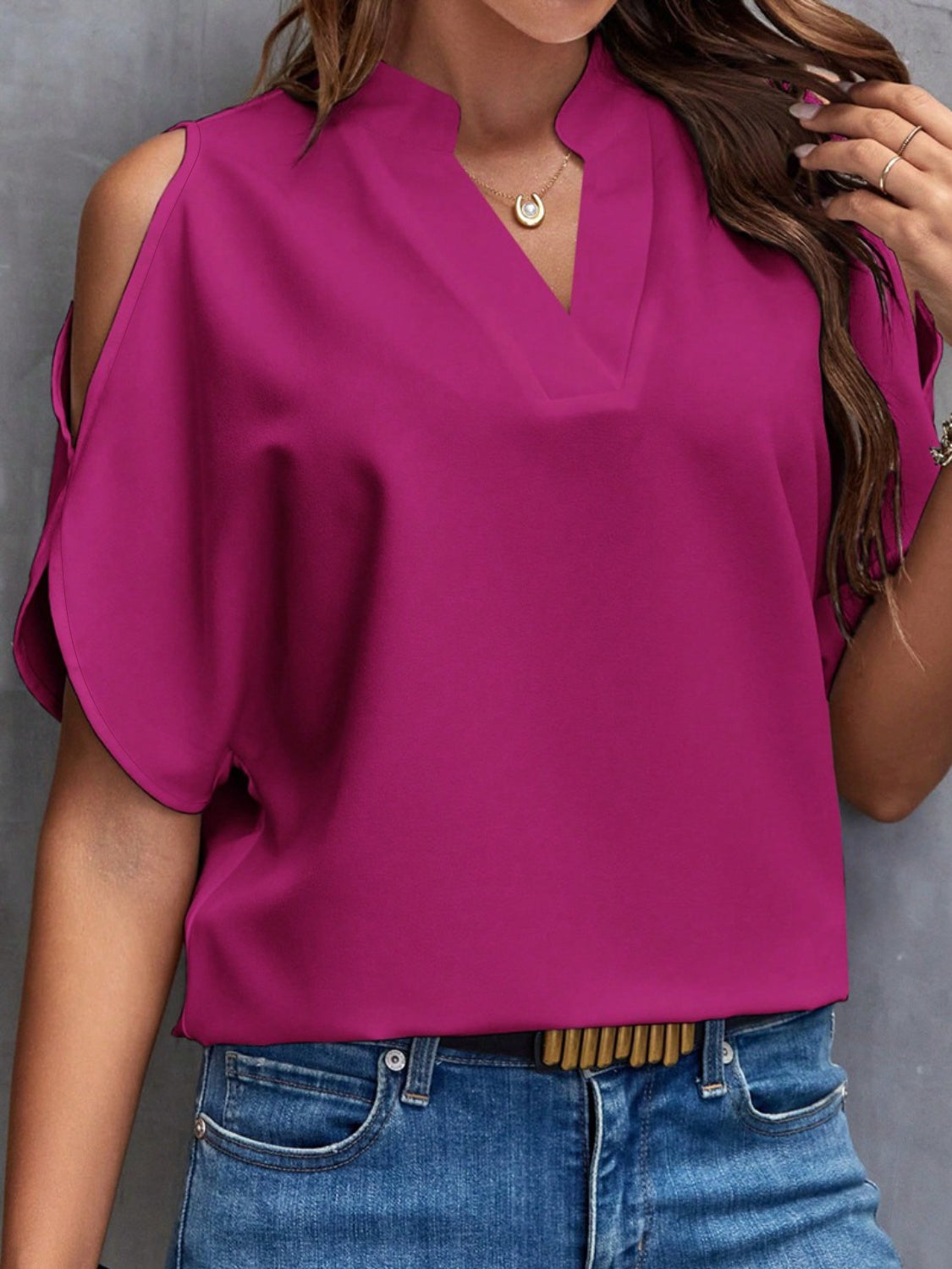 Notched Cold Shoulder Blouse